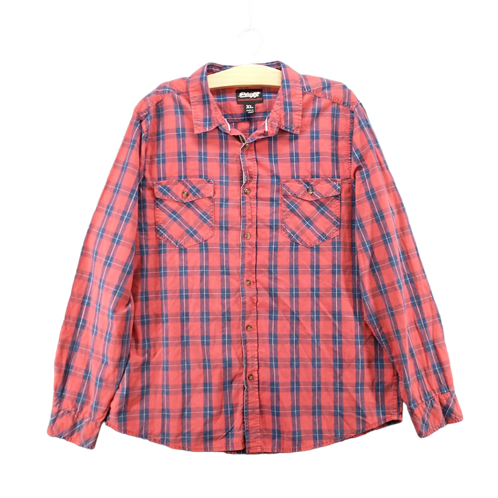 Plugg Men's Button-Up Shirt Red Blue XL Long Sleeve Plaid Chest Flap Pockets